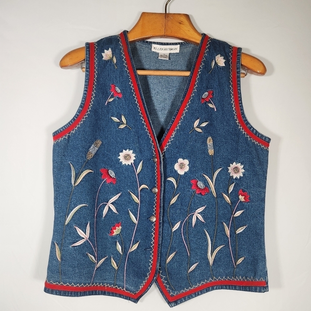 Blue Embroidered Denim Vest - Floral Detailing